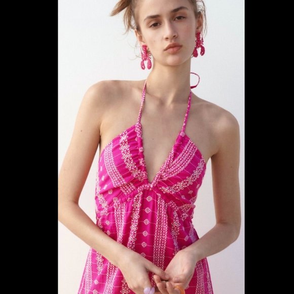 ZARA OPENWORK EMBROIDERED EYELET MIDI HALTER DRESS PINK XS,S,M,L NWT - Picture 12 of 13